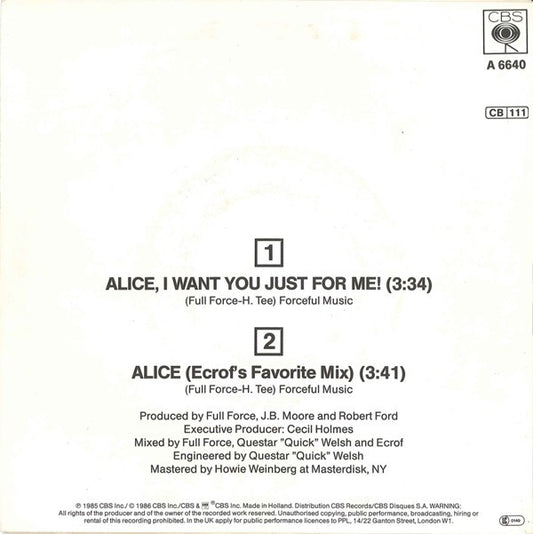 Full Force : Alice, I Want You Just For Me (7", Single)