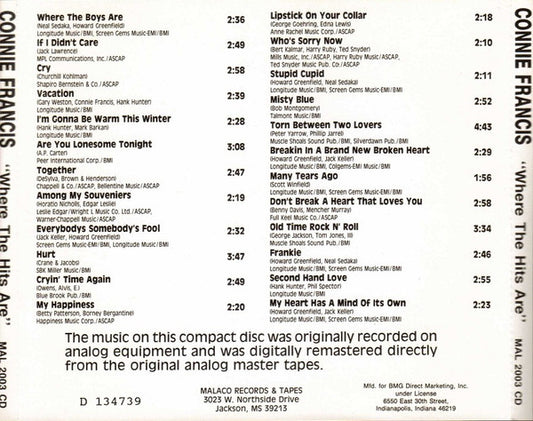 Connie Francis : Where The Hits Are (CD, Comp, Club)