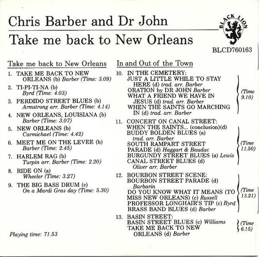 Chris Barber And Dr. John : Take Me Back To New Orleans (CD, Album, RE)
