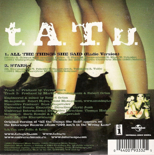 t.A.T.u. : All The Things She Said (CD, Single, Car)
