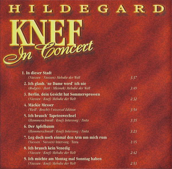 Hildegard Knef : In Concert (Ihre Größten Erfolge) (CD, Album)