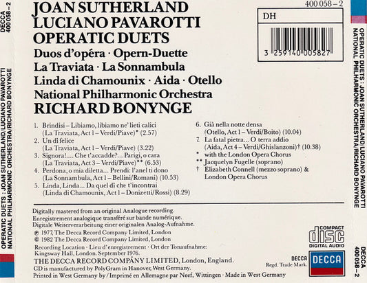 Luciano Pavarotti, Joan Sutherland, Richard Bonynge, National Philharmonic Orchestra : Sutherland Pavarotti Operatic Duets (CD, Album)