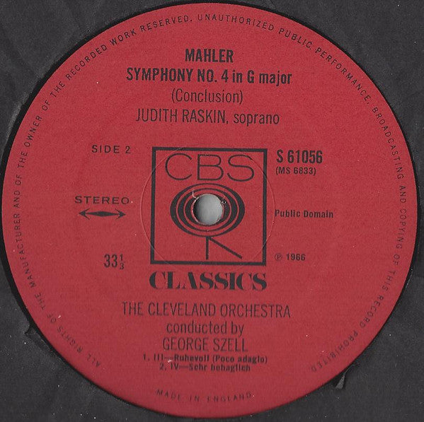 Gustav Mahler, Judith Raskin, The Cleveland Orchestra, George Szell : Symphony No.4 (LP, RE)
