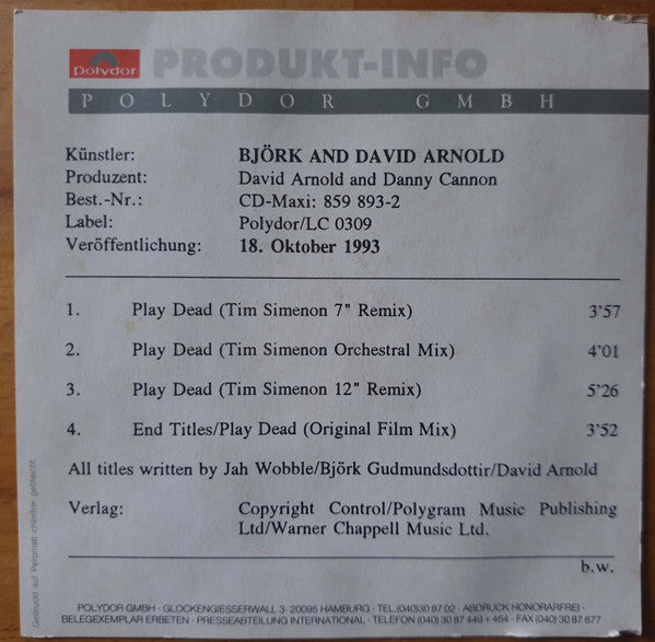 Björk And David Arnold : Play Dead (CD, Maxi)