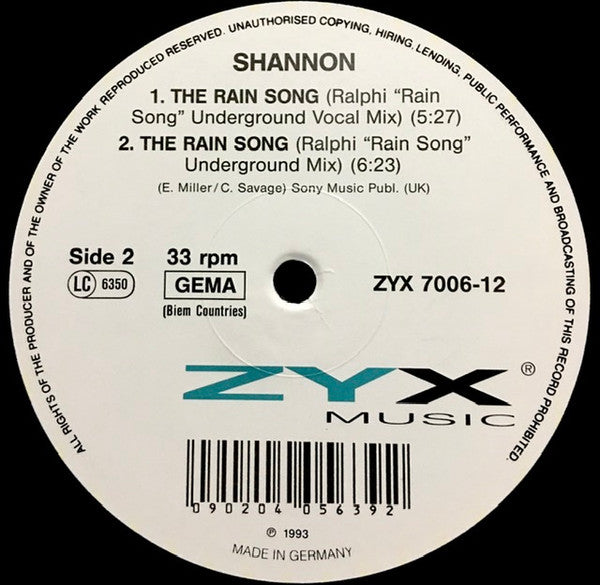 Shannon : The Rain Song (12")