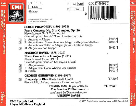 Tzimon Barto, Andrew Davis, Sergei Prokofiev, Maurice Ravel, George Gershwin : Piano Concerto No. 3 / Concerto En Sol / Rhapsody In Blue (CD, Album)