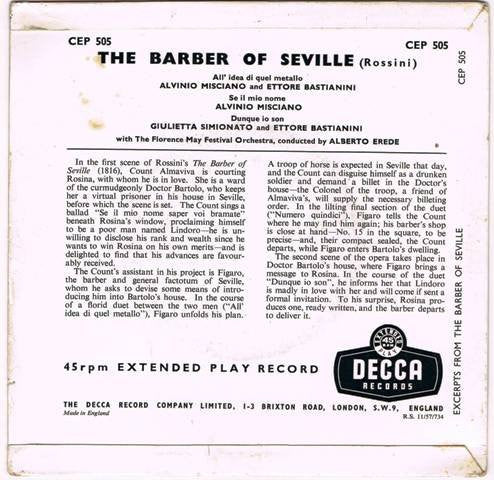 Gioacchino Rossini, Giulietta Simionato, Alvinio Misciano, Ettore Bastianini With The Orchestra Del Maggio Musicale Fiorentino Conducted By Alberto Erede : The Barber Of Seville (7", EP, Tri)