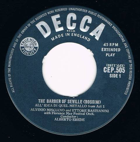 Gioacchino Rossini, Giulietta Simionato, Alvinio Misciano, Ettore Bastianini With The Orchestra Del Maggio Musicale Fiorentino Conducted By Alberto Erede : The Barber Of Seville (7", EP, Tri)