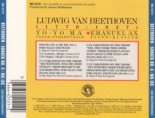 Ludwig van Beethoven, Yo-Yo Ma, Emanuel Ax : Sonata No. 4 (CD)