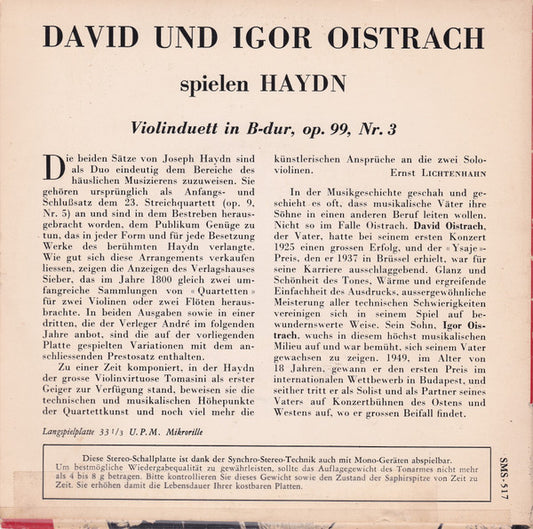 David Oistrach Und Igor Oistrach Spielen Joseph Haydn : Violinduett In B-Dur (7")