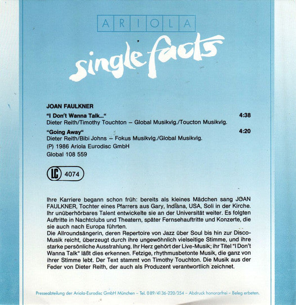 Joan Faulkner : I Don't Wanna Talk... (7", Single)
