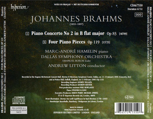 Johannes Brahms : Piano Concerto No. 2 Op 83 Four Piano Pieces Op 119 (CD)