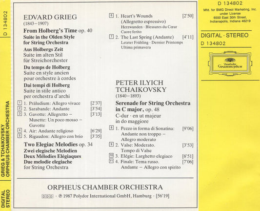 Edvard Grieg / Pyotr Ilyich Tchaikovsky – Orpheus Chamber Orchestra : Holberg Suite · 2 Elegiac Melodies / Serenade For Strings (CD, Club, RE)