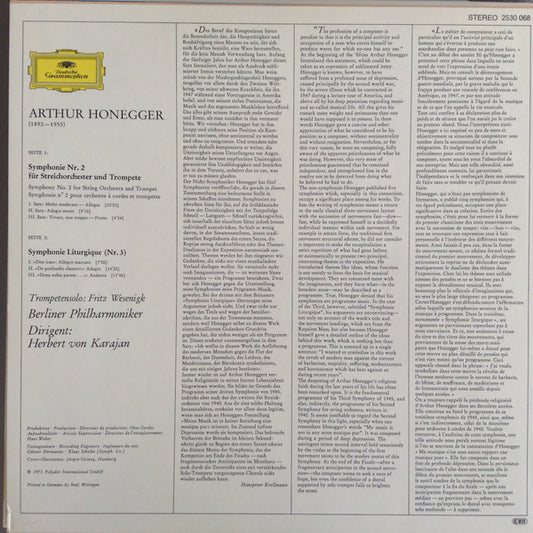 Arthur Honegger - Berliner Philharmoniker • Herbert von Karajan : Symphonie Liturgique • Symphonie Nr. 2 (LP)