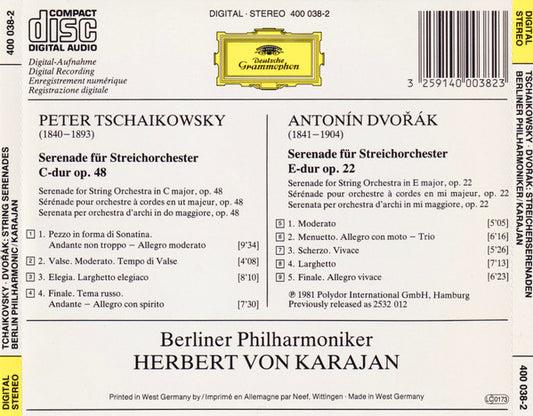 Pyotr Ilyich Tchaikovsky · Antonín Dvořák - Berliner Philharmoniker · Herbert von Karajan : Streicherserenaden = String Serenades = Sérénades Pour Cordes (CD, Album, RE)