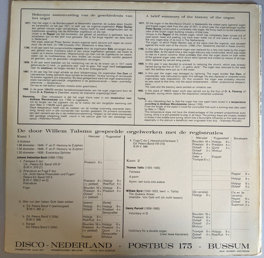 Willem Talsma : Willem Talsma Bespeelt Het Orgel Van De Bonifaciuskerk Te Medemblik (LP)