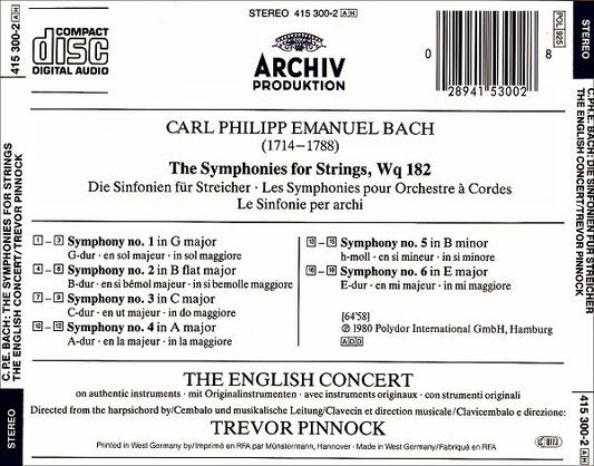 Carl Philipp Emanuel Bach - The English Concert • Trevor Pinnock : The Symphonies For Strings = Die Sinfonien Für Streicher = Les Symphonies Pour Orchestre A Cordes (CD, Album, RP)