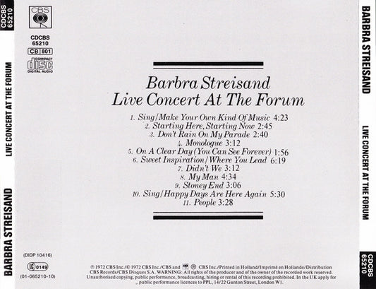 Barbra Streisand : Live Concert At The Forum (CD, Album, RE)
