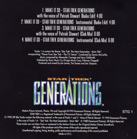 Ian Levine, Tim Eames and Iain Simpson : Make It So - Star Trek Generations (CD, Single, Promo)
