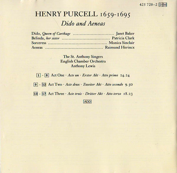 Henry Purcell, Janet Baker, Patricia Clark, Monica Sinclair, Raimund Herincx, English Chamber Orchestra, Anthony Lewis (2) : Dido And Aeneas (CD, RM)