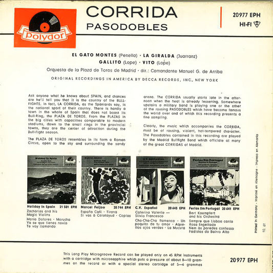 Orquesta De La Plaza De Toros De Madrid : Corrida Pasodobles (7", EP, Mono)