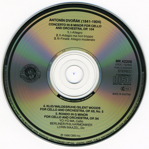 Yo-Yo Ma, Antonín Dvořák, Berliner Philharmoniker, Lorin Maazel : Cello Concerto, Op.104 / Rondo, Op.94 / Klid/Waldesruhe, Op.68 No. 5 (CD)