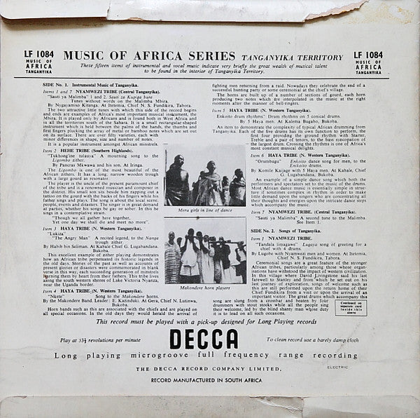 Various : Songs & Instrumental Music Of Tanganyika (10")
