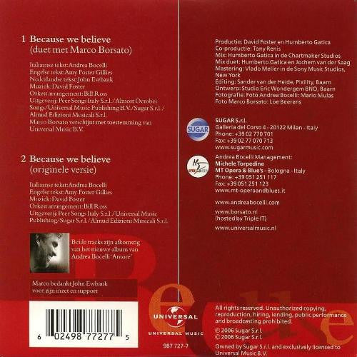 Andrea Bocelli & Marco Borsato : Because We Believe (CD, Single)