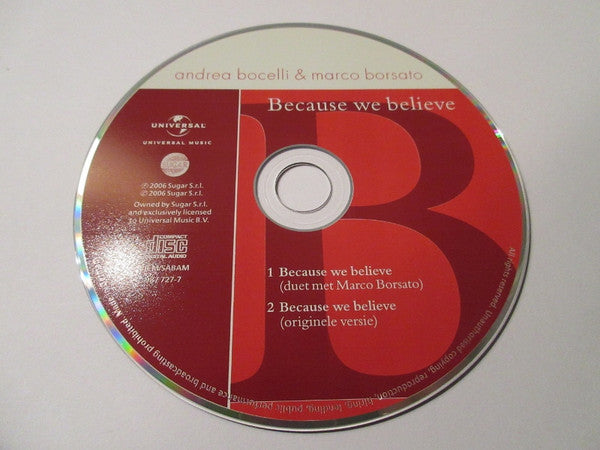 Andrea Bocelli & Marco Borsato : Because We Believe (CD, Single)