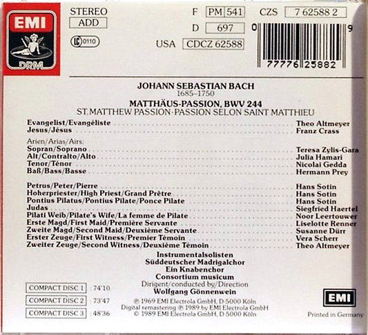 Johann Sebastian Bach / Theo Altmeyer · Franz Crass · Teresa Żylis-Gara · Julia Hamari · Nicolai Gedda · Hermann Prey · Hans Sotin · Siegfried Haertel / Der Süddeutsche Madrigalchor, Consortium Musicum (2), Wolfgang Gönnenwein : Matthäus-Passion (3xCD, Album, RE, RM)