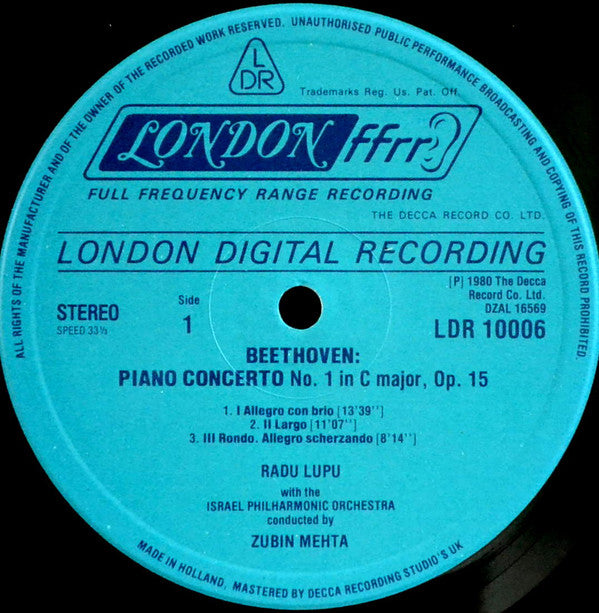 Ludwig van Beethoven, Radu Lupu, Zubin Mehta, Israel Philharmonic Orchestra : Piano Concertos No.1 In C & No.2 In B Flat (LP)