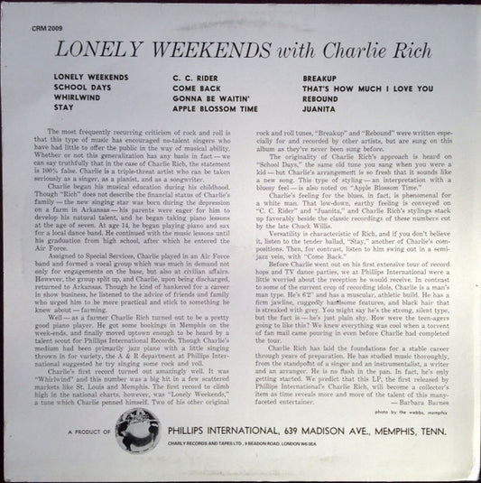 Charlie Rich : Lonely Weekends (LP, Album, RE)