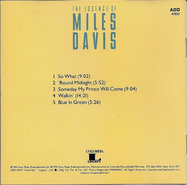 Miles Davis : The Essence Of Miles Davis (CD, Comp)