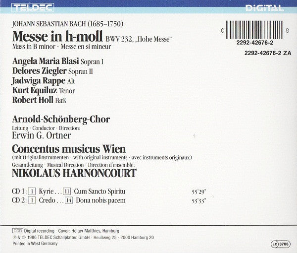 Johann Sebastian Bach / Angela Maria Blasi, Delores Ziegler, Jadwiga Rappé, Kurt Equiluz, Robert Holl, Arnold Schoenberg Chor, Concentus Musicus Wien, Nikolaus Harnoncourt : Messe In H-Moll = Mass In B-Minor = Messe En Si-Mineur BWV 232 (2xCD, Album)