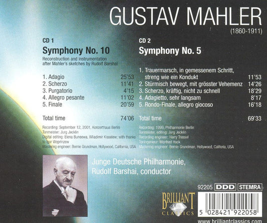 Gustav Mahler / Junge Deutsche Philharmonie, Rudolf Barshai : Symphony 10 (Reconstruction Barshai) - Symphony 5 (2xCD, Album)