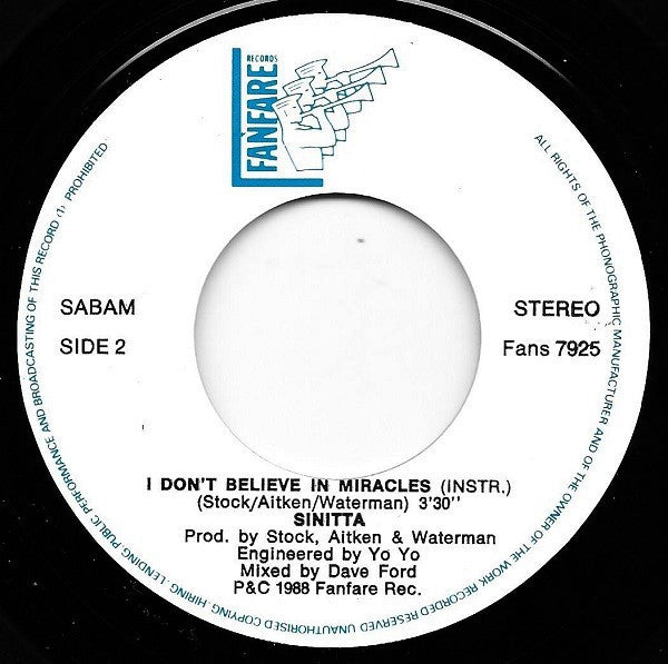 Sinitta : I Don't Believe In Miracles (7", Single)