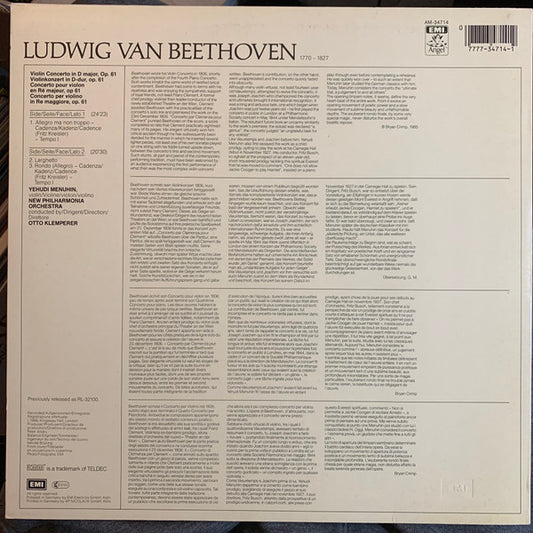Ludwig van Beethoven, Yehudi Menuhin, New Philharmonia Orchestra, Otto Klemperer : Violinkonzert = Violin Concerto (LP, RM)