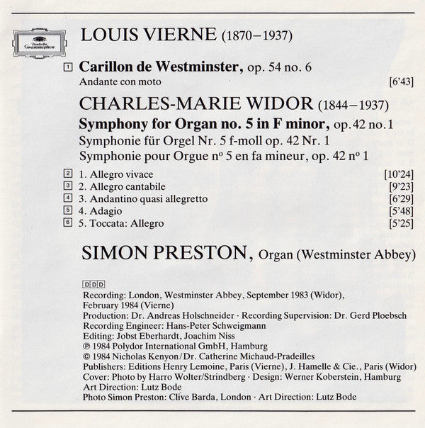 Charles-Marie Widor, Louis Vierne, Simon Preston : Symphony No. 5 / Carillon De Westminster (CD, Album)