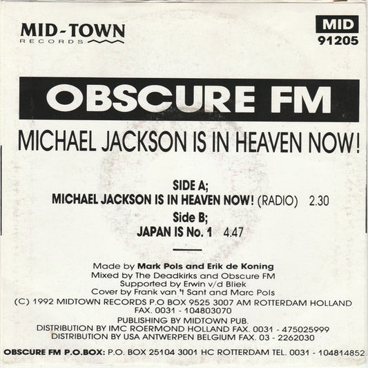 Obscure FM : Michael Jackson Is In Heaven Now! (7", Single)