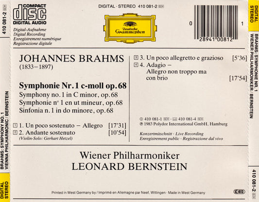 Johannes Brahms, Wiener Philharmoniker, Leonard Bernstein : Symphonie No. 1 (CD, Album)