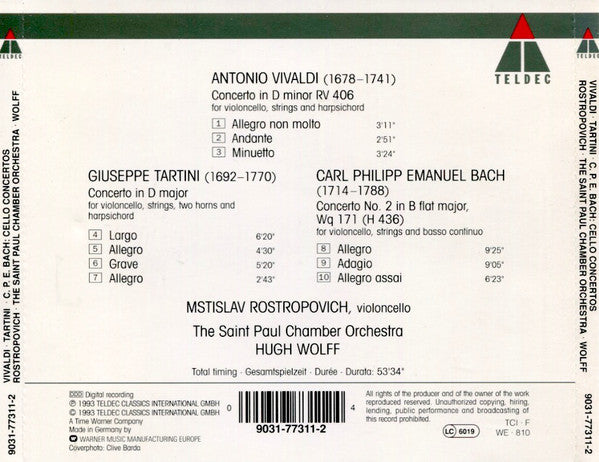 Carl Philipp Emanuel Bach, Antonio Vivaldi, Giuseppe Tartini, Mstislav Rostropovich, The Saint Paul Chamber Orchestra, Hugh Wolff : Cello Concertos (CD, Album)