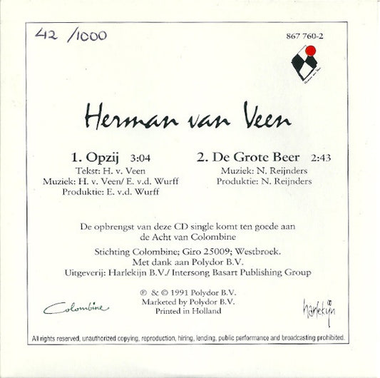 Herman van Veen : Opzij / De Grote Beer (CD, Single, Num)
