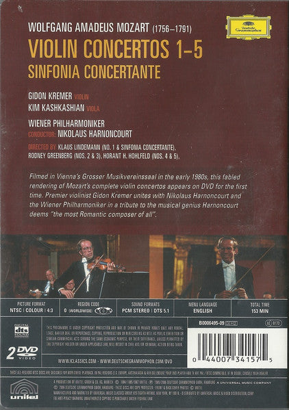 Wolfgang Amadeus Mozart, Gidon Kremer, Kim Kashkashian, Wiener Philharmoniker, Nikolaus Harnoncourt : Violin Concertos Nos. 1-5, Sinfonia Concertante K.364 (2xDVD-V, NTSC)