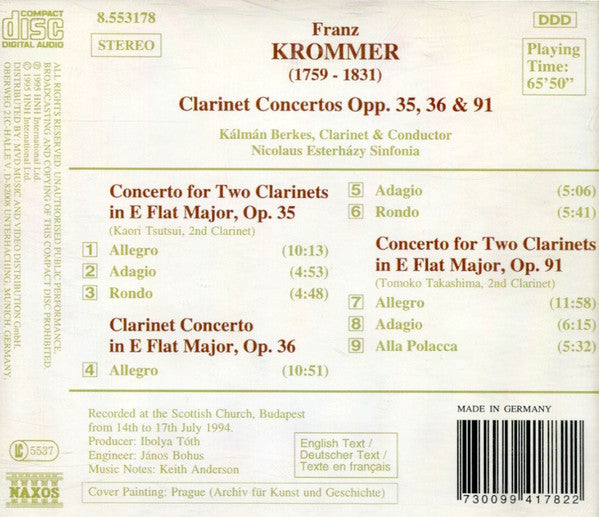 František Vincenc Kramář - Krommer, Kálmán Berkes, Nicolaus Esterházy Sinfonia : Clarinet Concertos Opp. 35, 36 & 91 (CD, Album)