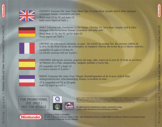 Various : Pokémon Gold And Silver Versions Limited Edition Extra CD (CD-ROM, Ltd, Promo)