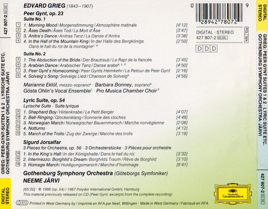Edvard Grieg, Göteborgs Symfoniker, Neeme Järvi : Peer Gynt-Suiten 1 & 2 / Lyrische Suite / Sigurd Jorsalfar (CD, Album)