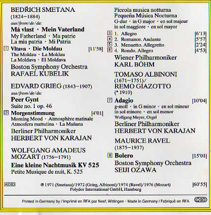 Maurice Ravel / Wolfgang Amadeus Mozart / Bedřich Smetana / Tomaso Albinoni / Edvard Grieg : Bolero / Eine Kleine Nachtmusik / Moldau / Adagio / Peer Gynt - Morgenstimmung (CD, Comp, RM)