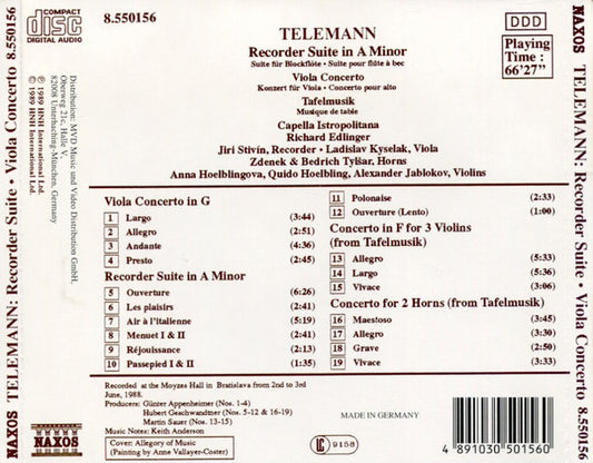 Georg Philipp Telemann, Capella Istropolitana, Richard Edlinger : Recorder Suite In A Minor • Viola Concerto • Tafelmusik (CD, Album)