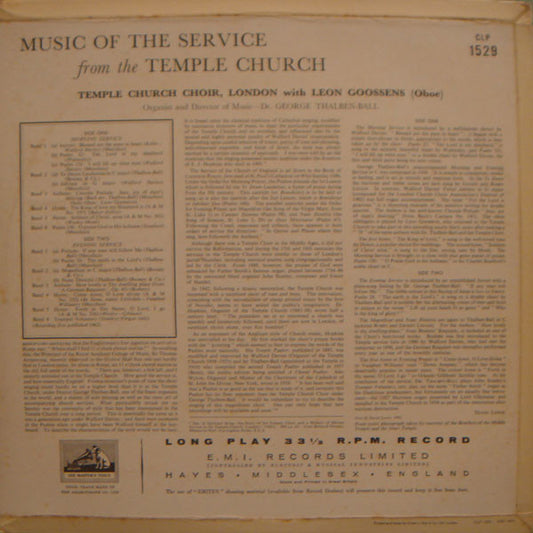 The Choir Of The Temple Church / Leon Goossens / George Thalben-Ball : Music Of The Service (LP, Mono)