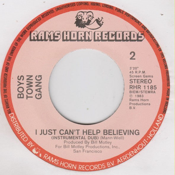 Boys Town Gang : Just Can't Help Believing (7", Single)